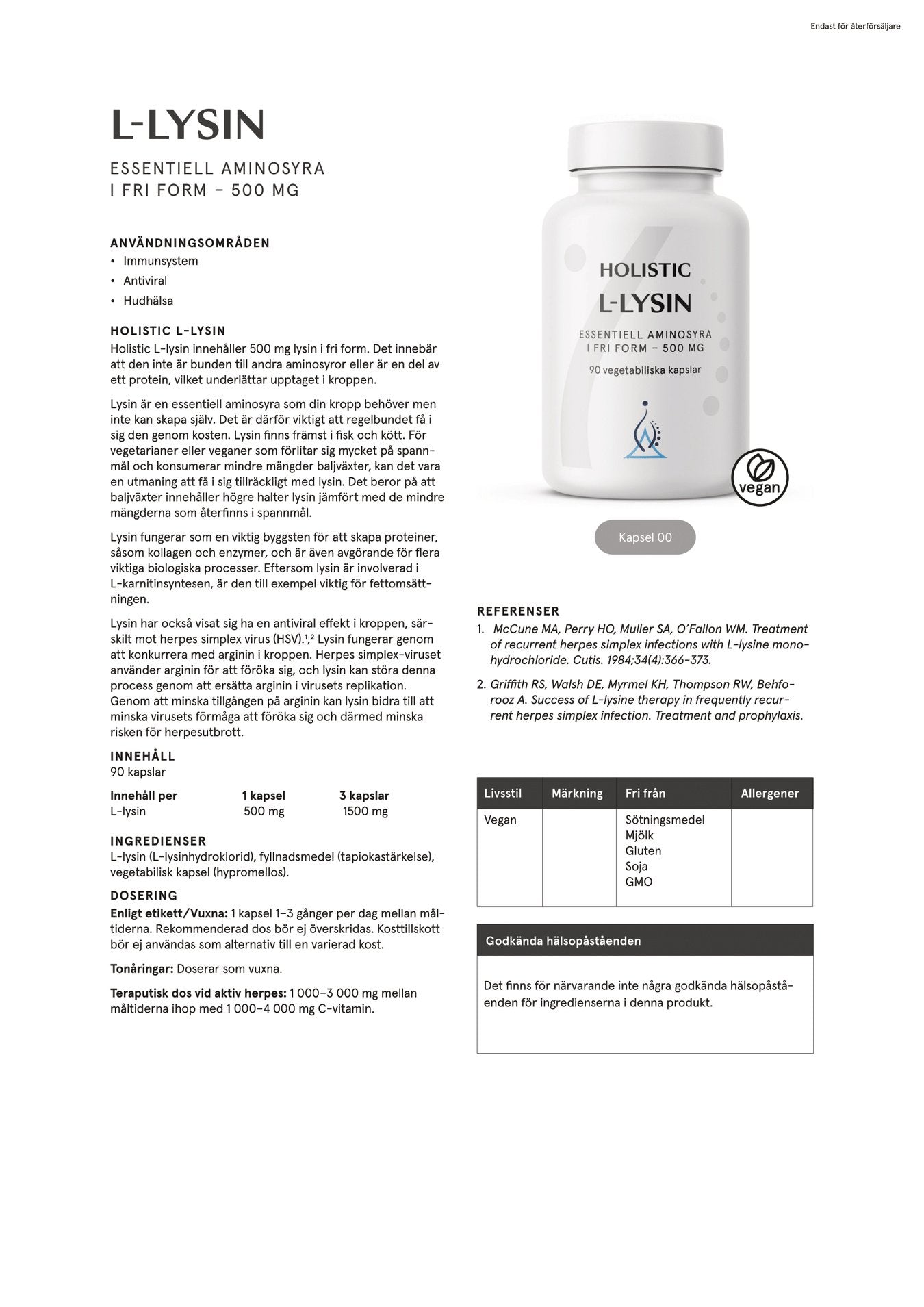 L-lysin 500 mg, 90 kapslar